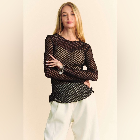 🟠 121B. Dotted Lace Mesh Long Sleeve - Black - Picture 4 of 12